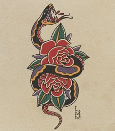 a drawing of a snake with flowers on it's back and the letter m in the middle