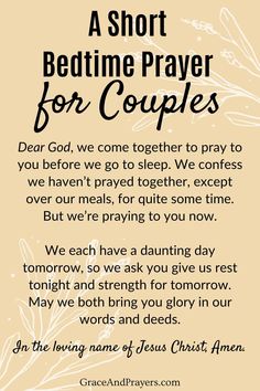 a poem written in black and white that says, a short bedtime prayer for couples