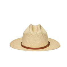 Expertly crafted from genuine Panama straw, the JAYLEE hat boasts a natural color and a 2.75 inch brim. The included brown buckle adds a touch of sophistication to this timeless accessory. Stay cool and chic in the heat with the JAYLEE hat. Classic Brown Panama Hat With Short Brim, Classic Natural Panama Hat With Curved Brim, Classic Panama Hat With Curved Brim In Natural, Classic Brown Sun Hat For Beach, Classic Brown Sun Hat For The Beach, Brown Toquilla Straw Hat For Kentucky Derby, Brown Toquilla Straw Hat For The Ranch, Brown Straw Fedora For Ranch, Classic Short Brim Hat In Natural Color