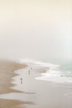 people are walking on the beach in the fog