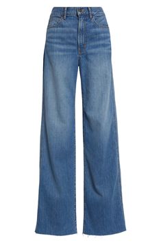 A high waist counterbalances the wide-leg silhouette of nonstretch jeans crafted in the USA with plenty of pockets and raw, frayed hems. 32 1/2" inseam; 22" leg opening; 13" front rise; 14 1/2" back rise (size 29) Zip fly with button closure Five-pocket style 100% cotton Machine wash, line dry Made in the USA High Rise Cotton Wide Leg Pants With Frayed Hem, Wide Leg Jeans With Frayed Hem For Work, Wide-leg Cotton Jeans With Frayed Hem, Jean Crafts, Veronica Beard, Wide Leg Jeans, Leg Jeans, High Waist, Wide Leg