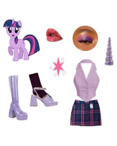 an assortment of toys including shoes, lipstick and pony - ponies are displayed on a white background