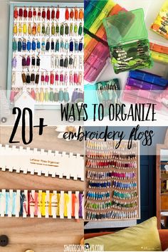 an assortment of crayons and markers on a table with text overlay that reads 20 ways to organize embroidery floss