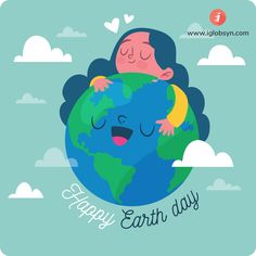 a child hugging the earth with clouds in the sky behind it, happy earth day