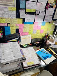 a cluttered desk with lots of notes on it