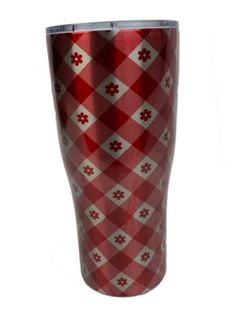 a red and white plaid pattern on a stainless steel tumbler cup with an insulated lid