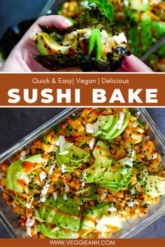 sushi bake with broccoli, carrots and other vegetables in it