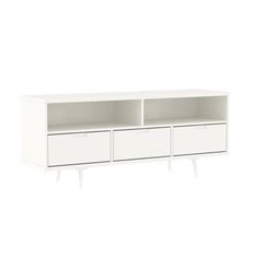 a white entertainment center with three drawers on one side and two open shelves on the other