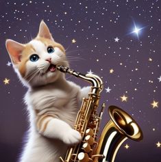 a cat that is playing the saxophone on a night sky with stars in the background