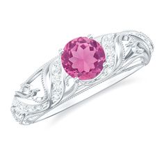 3/4 CT Vintage Style Pink Tourmaline Engagement Ring with Diamond Pink Tourmaline - ( AAA ) - Quality - Rosec Jewels Pink Tourmaline Engagement Ring, Tourmaline Engagement Ring, Pink Tourmaline Ring, Rose Gold Pink, Signature Jewelry, 18k Yellow Gold Ring, Tourmaline Ring, Timeless Jewelry, Vintage Engagement