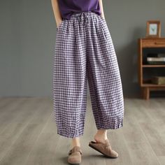 Details: Gender: Women Item Type: Pants Material: Cotton Linen Season: Spring, Summer, Autumn Pattern: Plaid Style: Casual, Loose, Retro Waist Type: Elastic Waist Size: One Size Waist: 66.00 - 102.00 cm/ 25.98 - 40.16 " Length: 81.00 cm/ 31.89 " Hip: 110.00 cm/ 43.31 " Thigh: 74.00 cm/ 29.13 " Casual Cotton Capris For Fall, Fall Cotton Capris Trousers, Loosely Fitted Cotton Capris, Baggy Cotton Capris For Spring, Casual Wide-leg Purple Pants, Fall Non-stretch Cotton Capris, Purple Relaxed Fit Pants For Spring, Casual Purple Wide-leg Pants, Non-stretch Cotton Straight Leg Capris