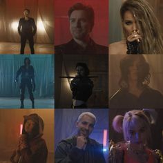 many different pictures of people in the same room with one person holding a light saber