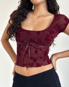 Maroon Botanical Flocked Top | Rada – motelrocks-com-us Small Bust Aesthetic, 2025 Predictions, Shifting Clothes, Pretty Tops, Maroon Top, Outfit Inspo Casual, Slim Fit Top, Capped Sleeves, Brown Leopard