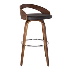 a wooden bar stool with black leather upholstered seat and backrest, viewed from the front