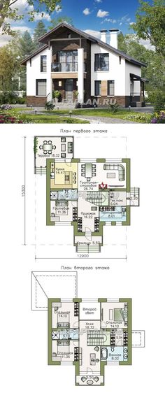 two story house plans with different floor plans for the front and back of the house