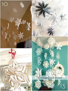 snowflakes are hanging from the ceiling in different ways