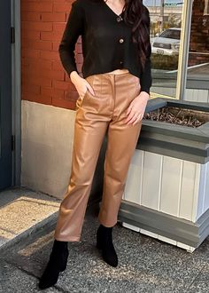 Slacks Outfit, Vegan Leather Pants, Leather Pant, Pants Large, Camel Color, Sweater Set, Boots Outfit, Pants Outfit, Capsule Wardrobe