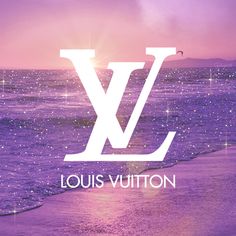 the logo for louis vuitton is shown in front of an ocean and sunset