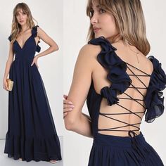 Nwot (New Without Tags, Never Washed Or Worn) - When The Cocktails Are Poured And The Music Starts Playing, You Know It's Time To Slip Into The Lulus Soiree Celebration Navy Blue Ruffled Lace-Up Maxi Dress Dress! Airy Woven Chiffon Shapes This Romantic Gown That Has Short Ruffled Sleeves And A Plunging V-Neckline, With An Open Back Accented By Slender Laces. Banded Waist Has A Gathered, Crossover Design, Above A Sweeping Skirt That Falls To A Maxi Hem. Hidden Zipper/Clasp At Back. Bust: Great Fo Navy Ruffled Dress For Party, Navy Party Dress With Ruffles, Blue Ruffles Maxi Dress For Bridesmaid, Navy Maxi Dress For Summer Party, Romantic Gown, Backless Lace Dress, Blue Skater Dress, Red Sleeveless Dress, Lace Halter Dress