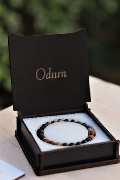 Personalized Onyx and  Tibetan Agate Stone Bracelet in Engraved Wooden Gift Box - Protection, Grounding, Energy - Boyfriend Gift    Matte Black onyx is a powerful protection stone that absorbs and transforms negative energy, and helps to prevent the drain of personal energy. Black onyx aids the development of emotional and physical strength and stamina, expecially when support is needed during times of stress, confusion or grief.   Tibetan Agate -  Highly regarded as a talisman since ancient tim Grounding Energy, Physical Strength, Personal Energy, Wooden Gift Boxes, Protection Stones, Wooden Gifts, Spiritual Healing, Ancient Times, Agate Stone