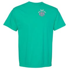 Add a perfect personal touch of embroidered girly glam to any look- “Put A Bow On It”🎀 Perfect for any occasion, this Monogrammed 'Bow' Comfort Colors T-Shirt is sure to turn heads and make a statement :) Green Embroidered Text Short Sleeve T-shirt, Pink Monogrammed Crew Neck Top, Pink Monogram Crew Neck Top, Green Crew Neck T-shirt With Custom Embroidery, Pink Crew Neck Top With Monogram, Green Short Sleeve T-shirt With Embroidered Graphics, Green T-shirt With Embroidered Graphics, Green Embroidered Graphics T-shirt, Green Embroidered Short Sleeve T-shirt