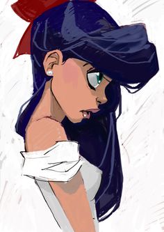 a drawing of a woman with blue hair wearing a white shirt and red bow on her head