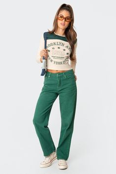 Wide-leg jeans 100% Cotton Relaxed fit Model wears size S Model height is 5'7 Item care: Wash with similar color Dark Green Jeans, Champion Sweatpants, Leopard Leggings, Varsity Style, Camo Cargo Pants, Green Jeans, Swimwear Dress, Athleisure Fashion, Wide Jeans