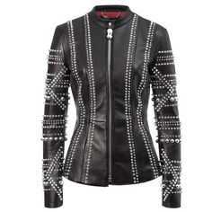 Women Studded Black Leather Fashion Jacket - Custom Made Studs Jacket Bejeweled Jacket, Philipp Plein Jacket, Black Leather Fashion, Stylish Leather Jacket, Studded Leather Jacket, Studded Jacket, Fashion Wallpaper, Real Leather Jacket, Punk Outfits