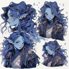 some drawings of a woman with blue hair