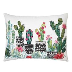 a white pillow with cacti and succulents on it