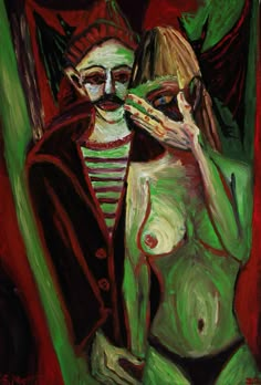 a painting of a man and woman with green paint on their bodies, one holding the other's face