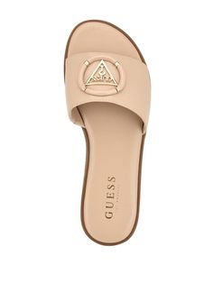 Magnify Faux-Leather Beach Slides | GUESS Factory Chic Summer Sandals With Logo, Chic Logo Sandals For Summer, Summer Sandals With Logo, Spring Leather Sandals With Logo, Leather Sandals With Logo For Spring, Spring Casual Sandals With Logo, Guess Slides, Beach Slides, Outdoor Play Equipment