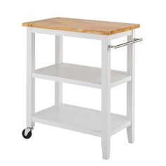 a white kitchen cart with a wooden top