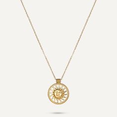 This captivating piece features a beautifully detailed sun pendant, radiating warmth and positive energy. Crafted from 18K gold-plated stainless steel, the necklace combines a vintage-inspired design with a modern twist, making it perfect for everyday wear or special occasions. Adjustable for a comfortable fit, the Radiant Sol Necklace is a symbol of light, energy, and joy, bringing a touch of sunshine to your jewelry collection. Product Code: DN2714K Collection: Vibes Type: Clasp Material: 18K Gold-Plated Stainless Steel Dimensions: Length 40-44cm Pendant Dimensions: Style: Vintage, Modern Includes: Sun Pendant, Light Energy, Vintage Inspired Design, Vintage Modern, Mixed Metals, Goodie Bags, Positive Energy, Ring Necklace, Style Vintage