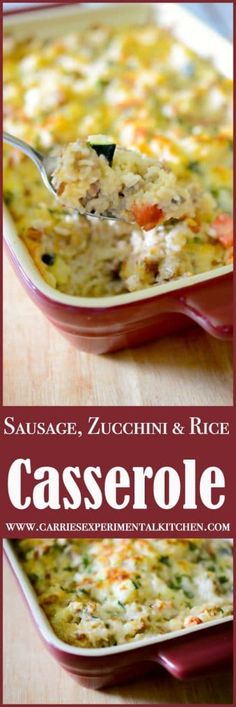 casserole with sausage, zucchini and rice in a pink dish on a wooden table