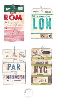 four luggage tags with the names of different cities