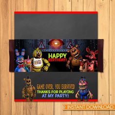 an image of five cartoon characters in front of a happy birthday sign with the words game over, you survived thanks for playing at any party