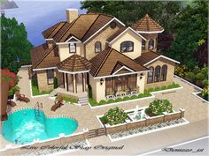 this is an artist's rendering of a large house with a pool in the front yard