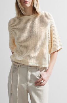 Balmy breezes flow through an open-stitch sweater knit from cotton yarn in an on-trend boxy silhouette. 20" length (size Small) Crewneck Elbow-length sleeves Ribbed cuffs and hem Semisheer 100% cotton Dry clean Imported Beige Open Knit Sweater With Relaxed Fit, Beige Open Knit Relaxed Fit Sweater, Beige Relaxed Fit Open Knit Sweater, Chunky Knit Crew Neck Tops For Spring, Chunky Knit Relaxed Fit Top, Relaxed Fit Chunky Knit Top, Chunky Knit Top For Spring Layering, Spring Chunky Knit Top For Layering, Cream Open Knit Cotton Top