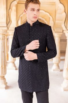 Navy blue bandhgala with metal work hand embroidery. Paired with a plain cotton pant. - Aza Fashions Elegant Straight Kurta Bandhgala For Party, Designer Bandhgala With Dabka Work For Festivals, Elegant Straight Kurta Bandhgala For Diwali, Elegant Traditional Style Kurta, Designer Fitted Sherwani For Festivals, Designer Elegant Bandhgala For Diwali, Elegant Bandhgala With Straight Kurta For Festivals, Elegant Designer Sherwani For Festivals, Elegant Fitted Unstitched Suit For Festivals