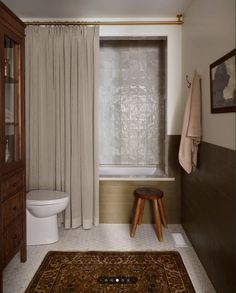 a bath room with a toilet a rug and a shower curtain next to a window