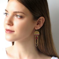 "This hand made boho chandelier earrings were created by me, using gold-plated castings, Swarovski 3mm beads, Swarovski drop, Miyuki round seed beads, and 14k gold-filled ear-wire and chain *If you choose the option of Sterling silver earrings, It's the same except silver-plated castings and Sterling silver ear-wire and chain * Measurements: Earring length: 2.75\" (7cm) Earring width: 0.78\" (2cm) * The earrings will come beautifully packaged for a gift. * For other chandelier earrings: https:// Handmade Brass Dangle Chandelier Earrings, Handmade Brass Chandelier Dangle Earrings, Handmade Temple Jewelry Danglers For Festival, Brass Dangling Beads Earrings For Festivals, Brass Earrings With Dangling Beads For Festivals, Festival Brass Earrings With Dangling Beads, Red Handmade Dangle Earrings, Gold Bohemian Beaded Earrings With Ear Wire, Bohemian Gold Beaded Earrings With Ear Wire