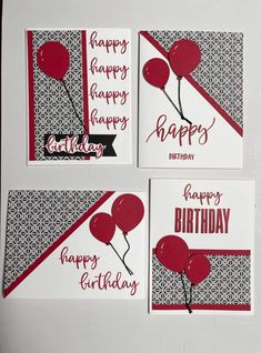 three birthday cards with balloons on them and the words happy birthday written in red ink