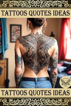 a woman with tattoos on her back and the words tattoo quotes ideas written below it