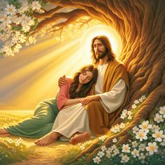 jesus and mary embracing in the midst of white flowers under a tree with sunlight coming through