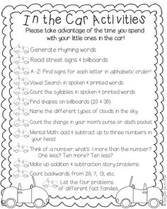 a printable worksheet with the words in the car activities for kids and adults