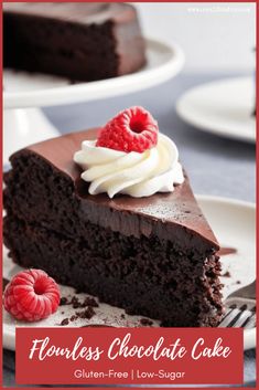 a slice of chocolate cake with whipped cream and raspberries on top is shown