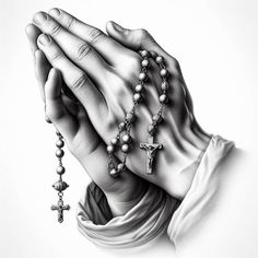 a black and white drawing of a woman's hands holding a rosary with a cross on it