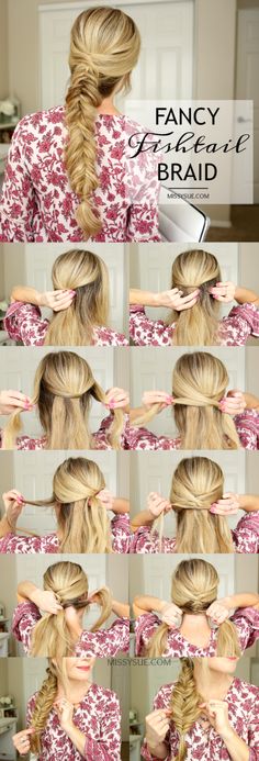 fancy-fishtail-braid-hair-tutorial Cute Fishtail Hairstyles, Formal Fishtail Braid, Fishtail Hairstyle, Fishtail Plait Tutorial, Fishtail Braid On Yourself, Fish Tail Braid How To Step By Step French Fishtail, Dutch Fishtail Braid, Black Hair Curls, Fishbraid Tutorial Fishtail