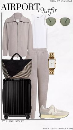 Airport outfit idea - comfortable neutral set for long flights. Casual chic travel outfit Business Flight Outfit, Quiet Luxury Travel Outfit, Travel Comfy Outfit, Luxury Travel Outfit, Aeroport Outfit, Airplane Outfit Comfy, International Travel Outfit, Business Flight, Airplane Outfit